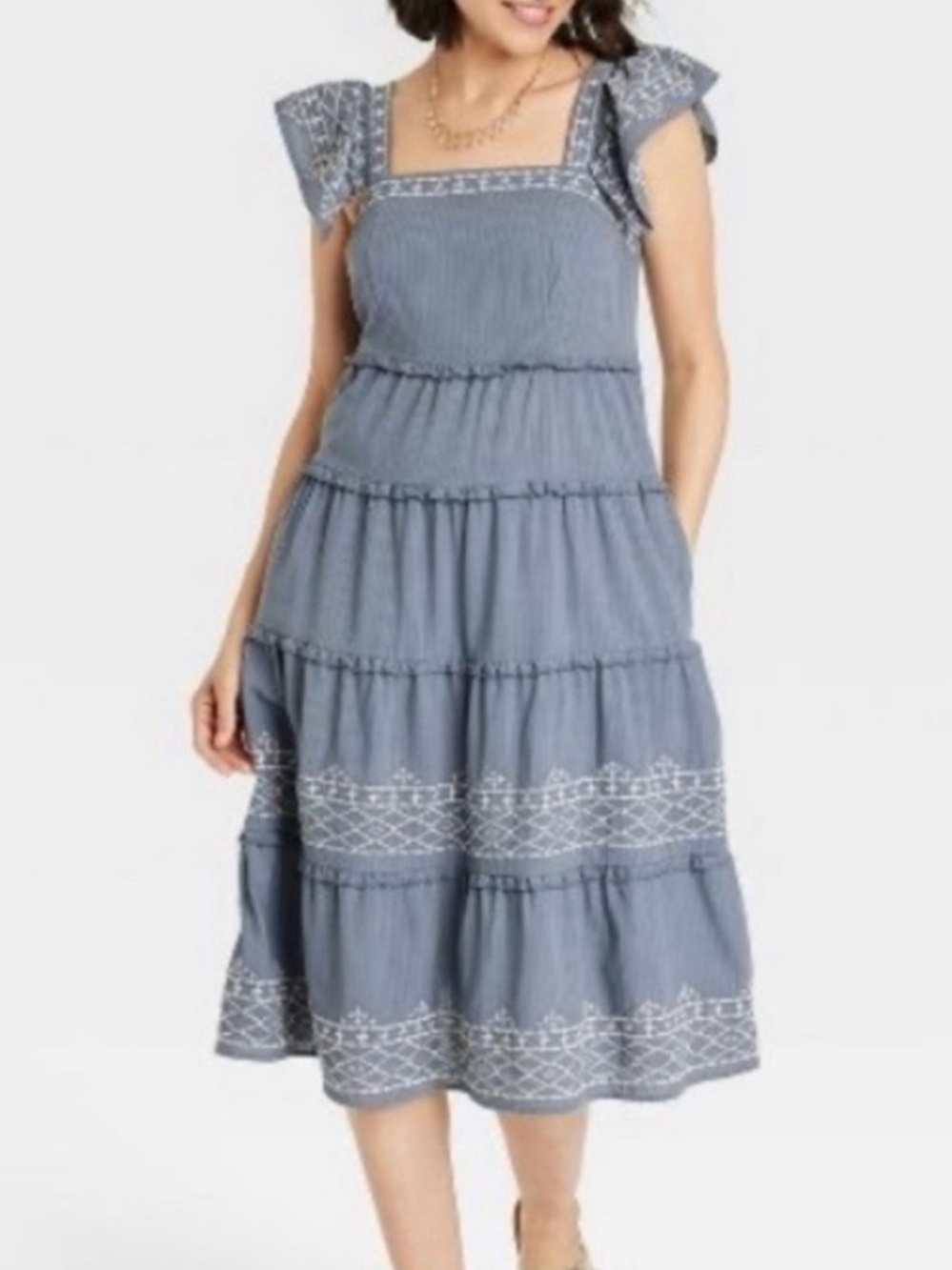 Blue Embroidered Tiered Midi Dress - Unbranded
